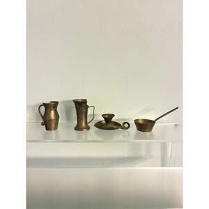 Vintage brass miniature kitchenware set made in India pitcher candle holder pan